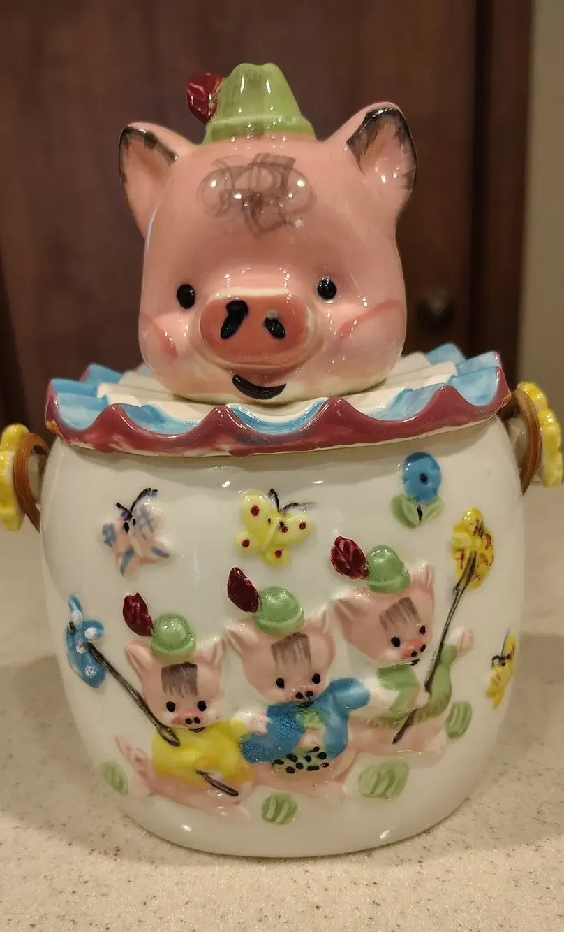 Vintage Lipper & Mann Three Little Pigs Cookie Jar Japan Wicker Handle 1950s